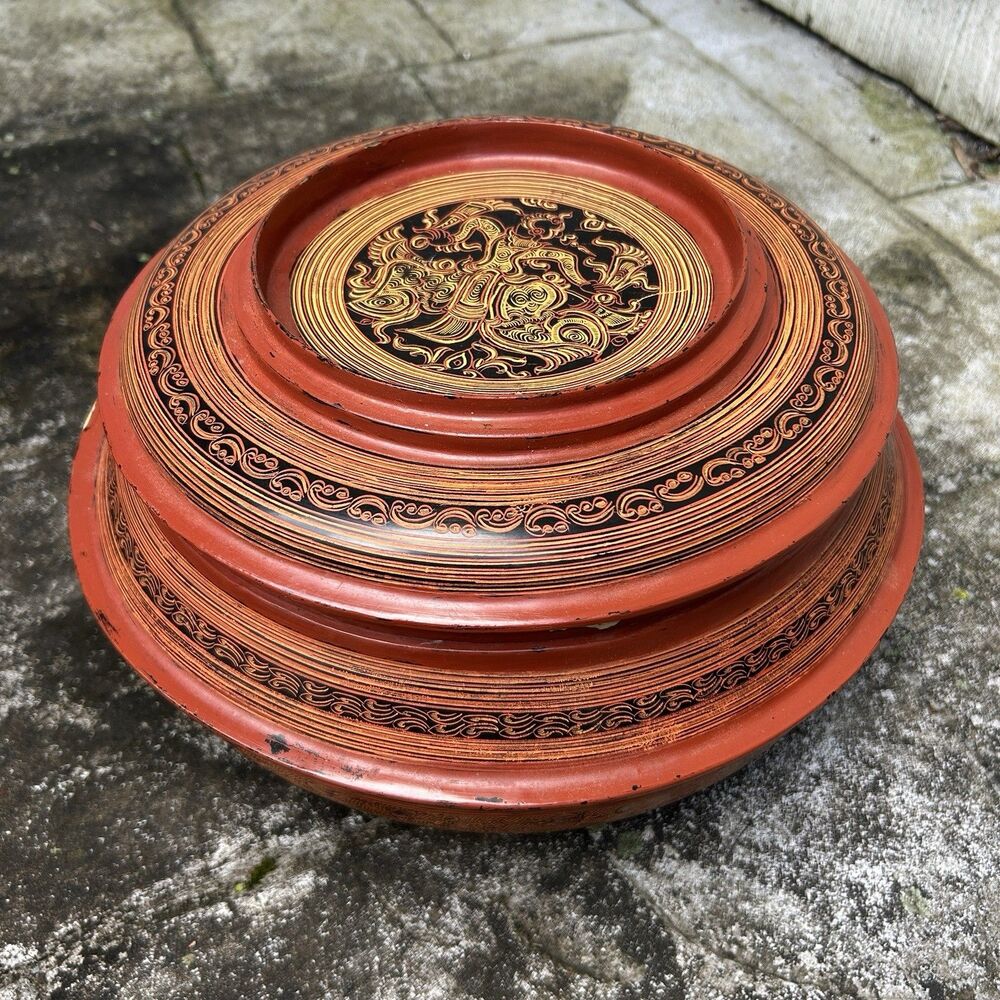Antique Burmese Lacquerware Betel Box 12" Kun-it Cinnabar Bamboo Yun Container